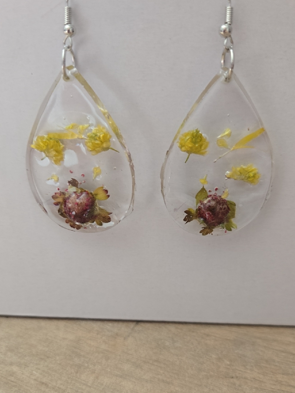 Hand Crafted Strawberry Teardrop Earrings with Yellow Flowers